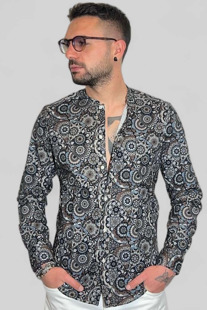 CAMICIA SARTORIALE UOMO IN COTONE COLLO COREANO FANTASIA ETNICA SLIM FIT B.38