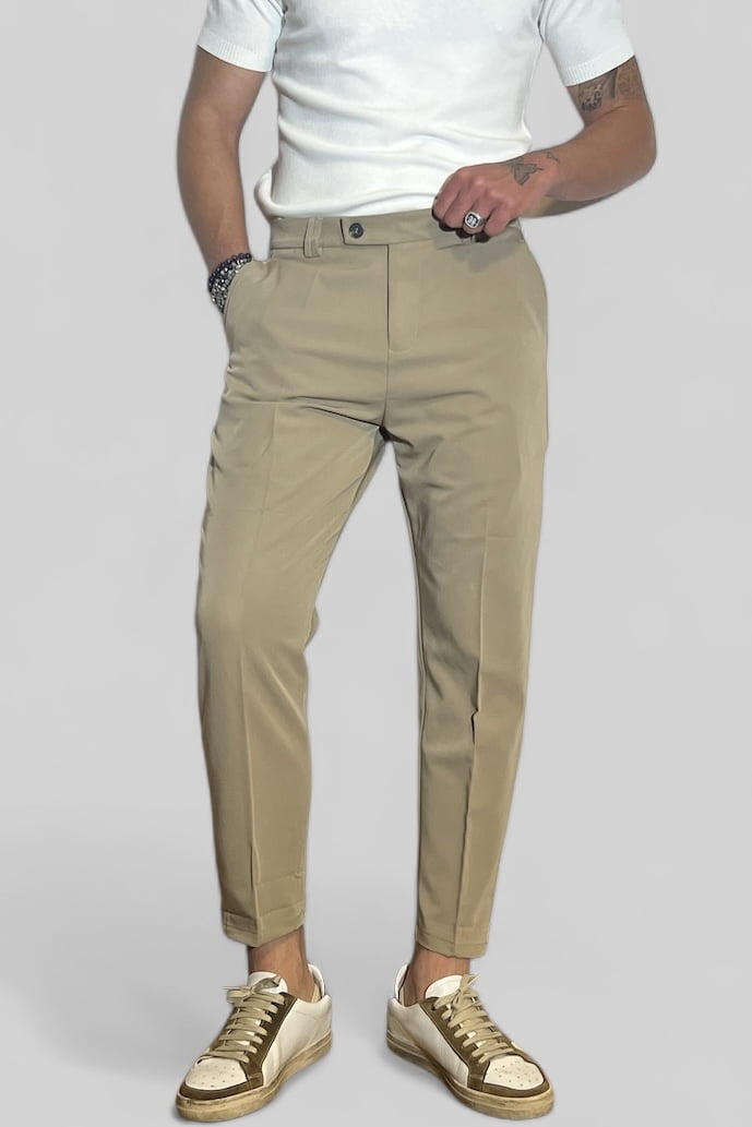 PANTALONE UOMO TASCA AMERICA SABBIA CON ABBOTTONATURA ALLUNGATA B.38