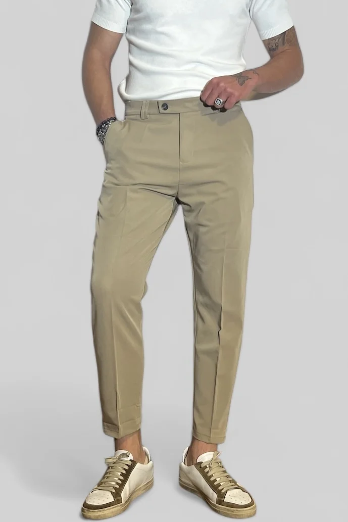 PANTALONE UOMO TASCA AMERICA SABBIA CON ABBOTTONATURA ALLUNGATA