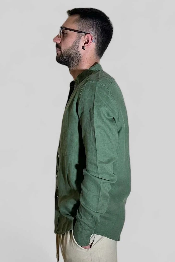 CAMICIA IN LINO COLLO COREANO VERDE - immagine 3