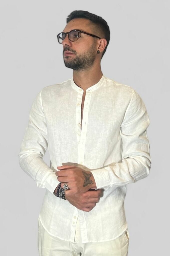 Camicia Uomo In Lino Puro 100% - Slim Fit, Manica Lunga, Collo Coreano, Made In Italy, Taglie S-XXXL