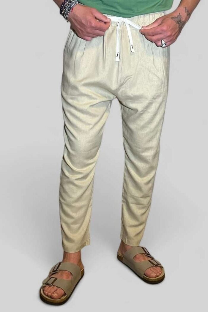 PANTALONE UOMO IN LINO TINTA UNITA BEIGE B.38