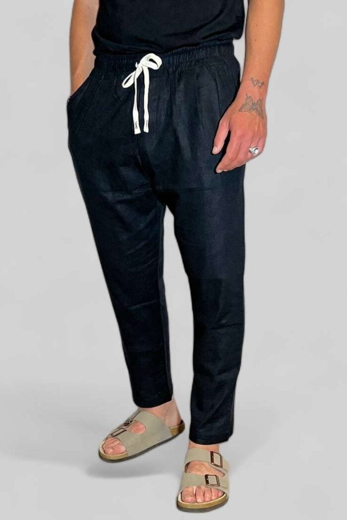 PANTALONE UOMO IN LINO TINTA UNITA NERO B.38