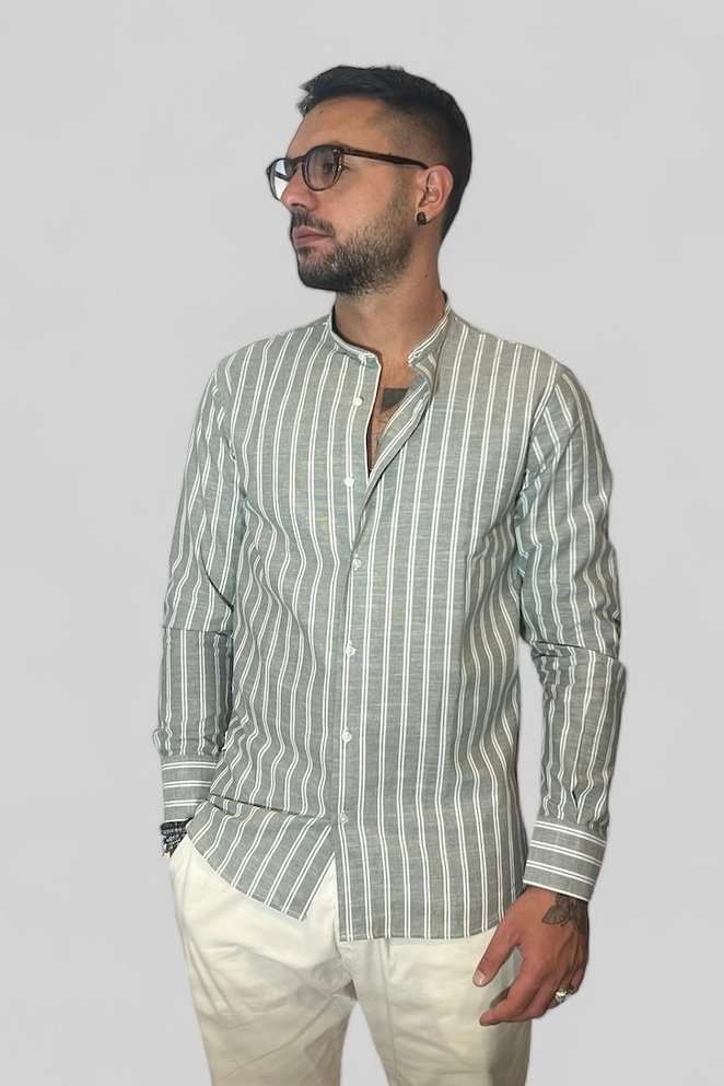 CAMICIA UOMO IN LINO MANICA LUNGA COLLO COREANO A RIGHE B.38