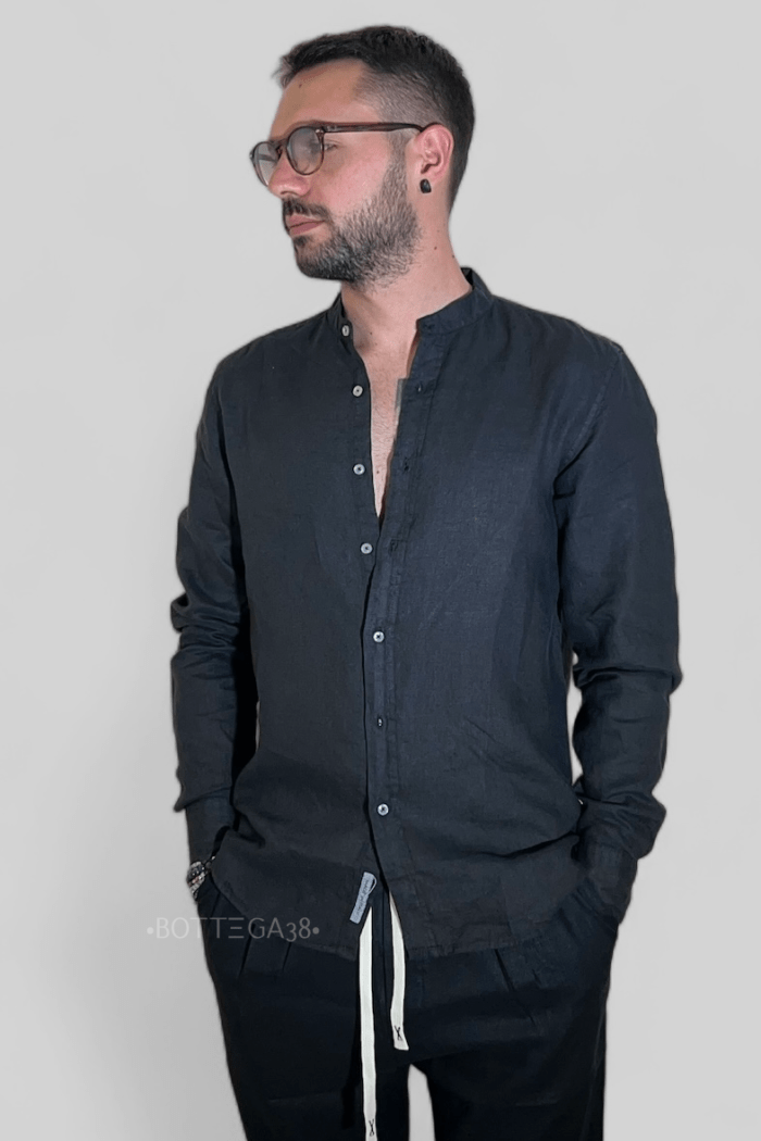 CAMICIA UOMO IN LINO MANICA LUNGA COLLO COREANO NERO B.38