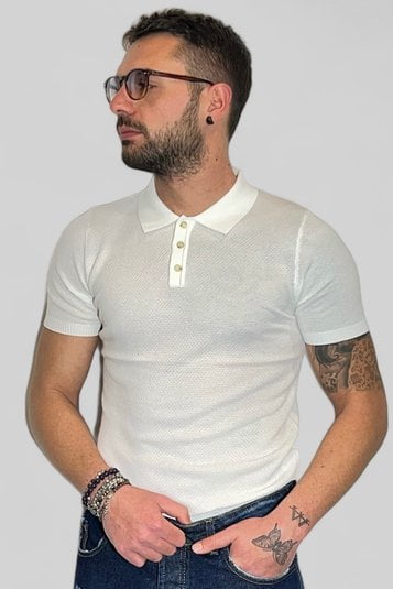 POLO T-SHIRT UOMO MANICA CORTA NIDO D'APE TINTA UNITA BIANCO B.38