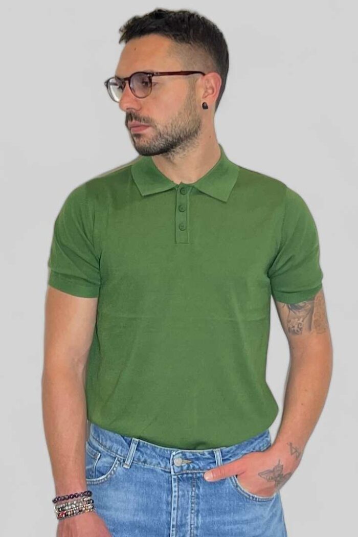 POLO T-SHIRT UOMO IN FILO MANICA CORTA IN FILO CON BOTTONI TINTA UNITA VERDE SCURO B.38