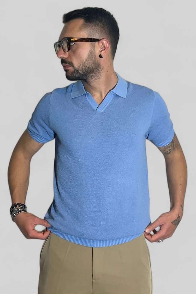 POLO T-SHIRT UOMO IN FILO MANICA CORTA SENZA BOTTONI CELESTE B.38