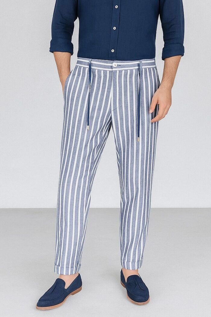 PANTALONE UOMO MISTO LINO COTONE RIGHE BLU
