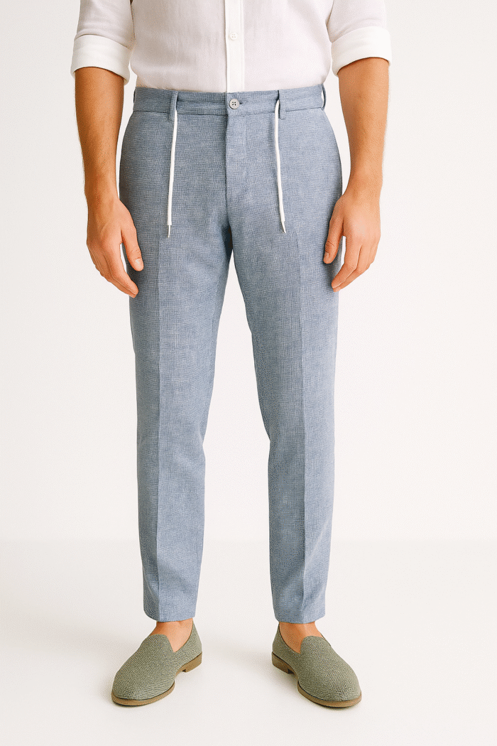 PANTALONE UOMO MISTO LINO COTONE BLU