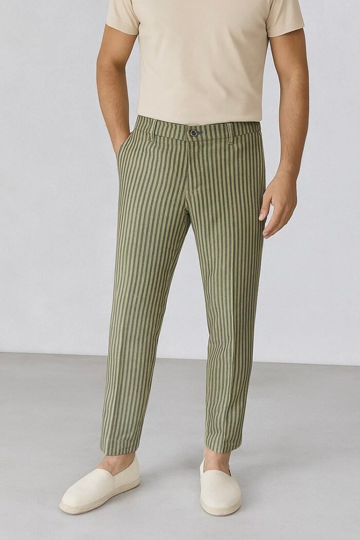 PANTALONE UOMO MISTO LINO COTONE VERDE OLIVA