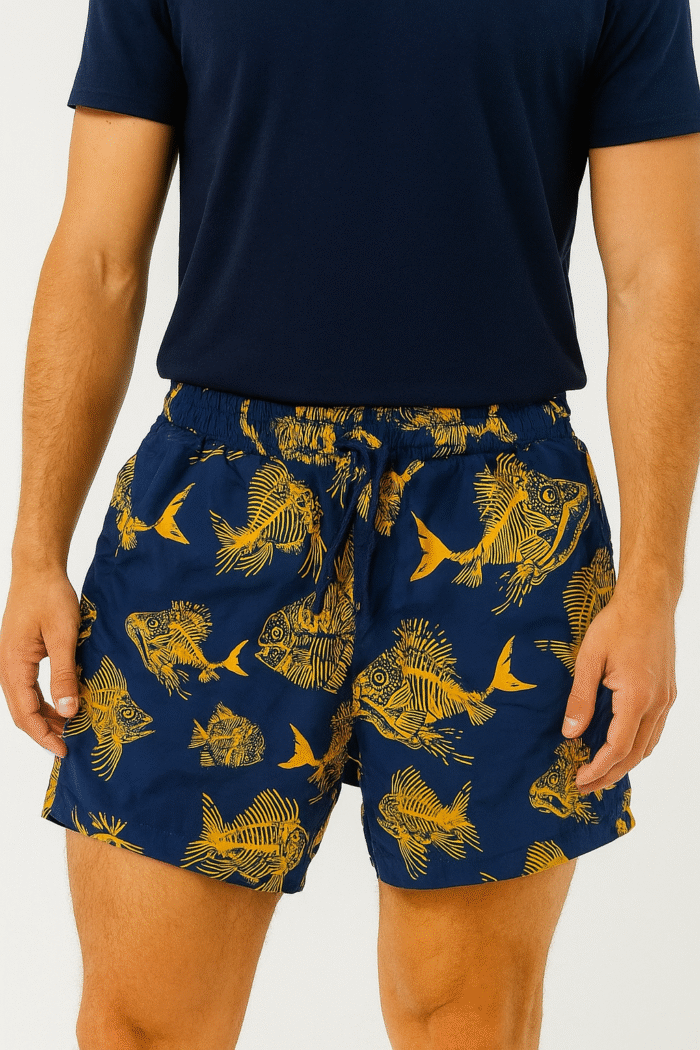 COSTUME DA MARE UOMO BLU NAVY FANTASIA PESCI GIALLI