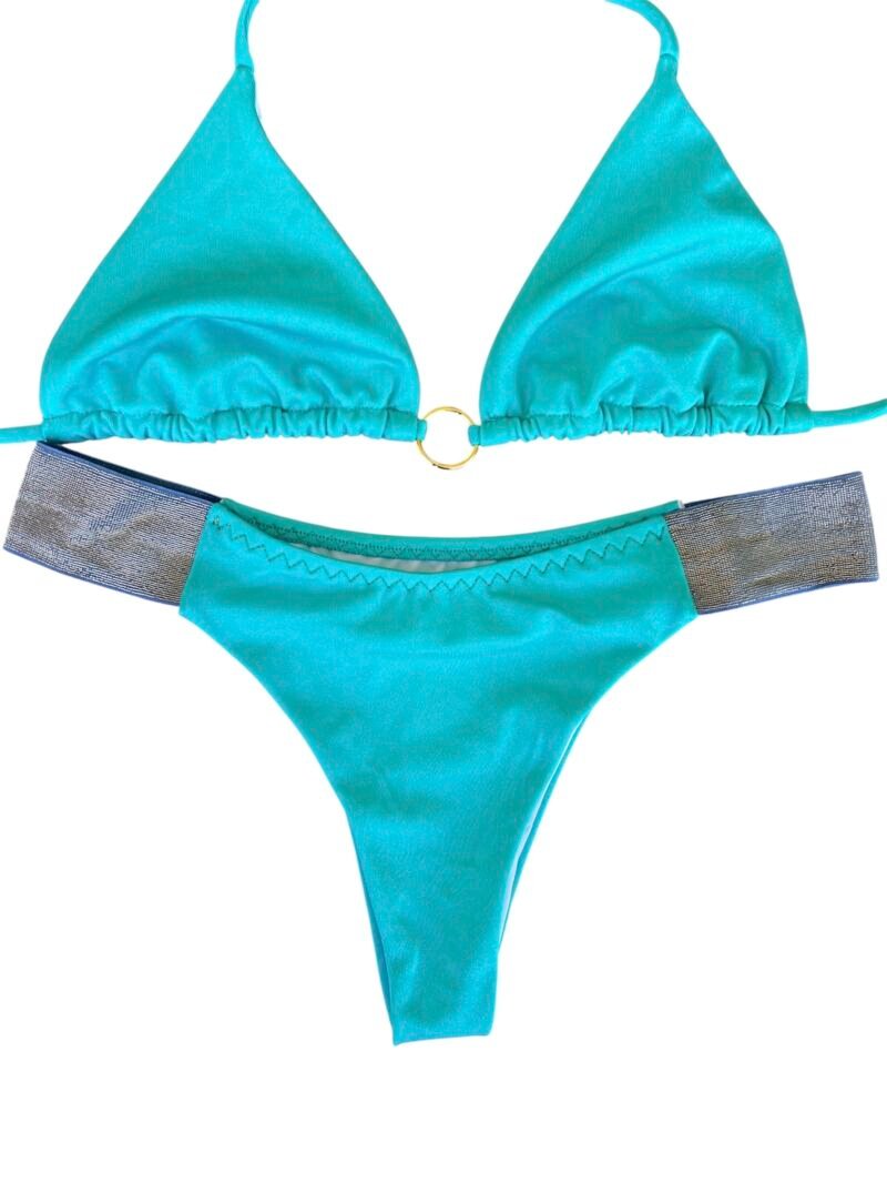 BIKINI TRIANGOLO CON SLIP FASCE SHINE TURCHESE - immagine 5