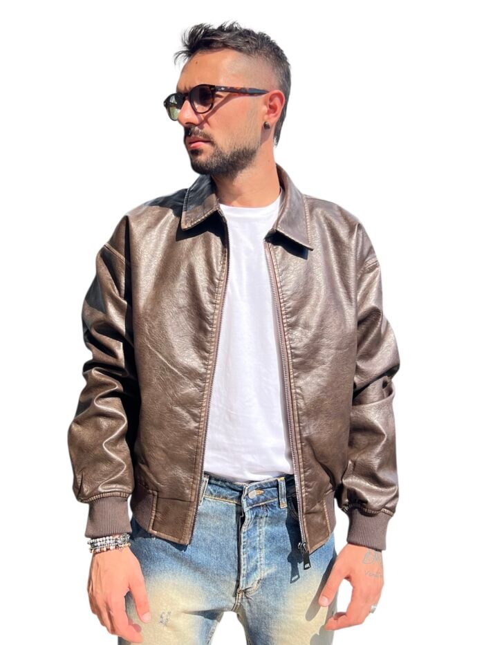 GIUBBOTTO UOMO ECOPELLE MARRONE - BOMBER CLASSICO CON FODERA