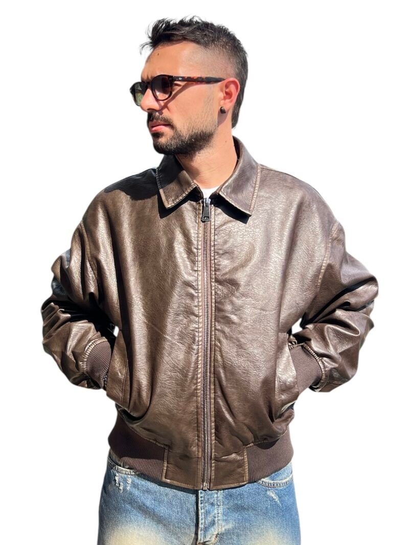 GIUBBOTTO UOMO ECOPELLE MARRONE - BOMBER CLASSICO CON FODERA - immagine 4