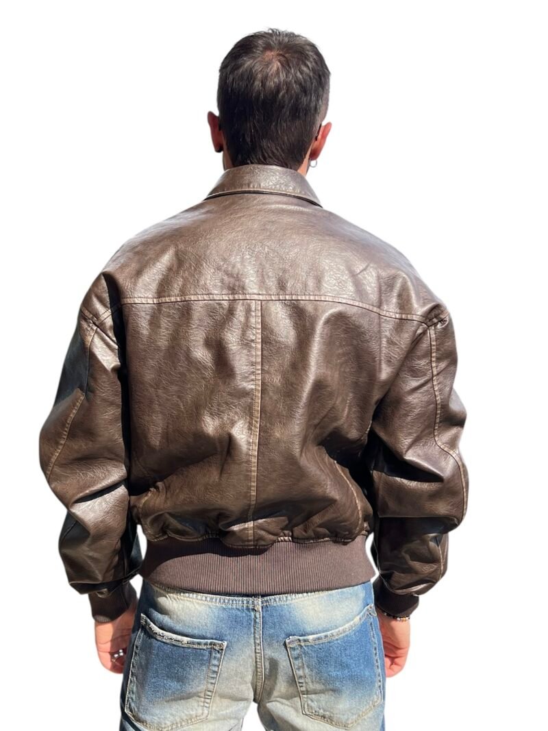 GIUBBOTTO UOMO ECOPELLE MARRONE - BOMBER CLASSICO CON FODERA - immagine 2
