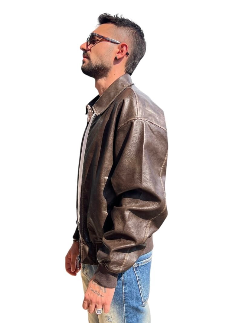 GIUBBOTTO UOMO ECOPELLE MARRONE - BOMBER CLASSICO CON FODERA - immagine 5