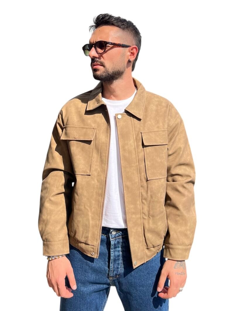 GIACCA UOMO BEIGE CON ZIP E TASCHE FRONTALI - immagine 4