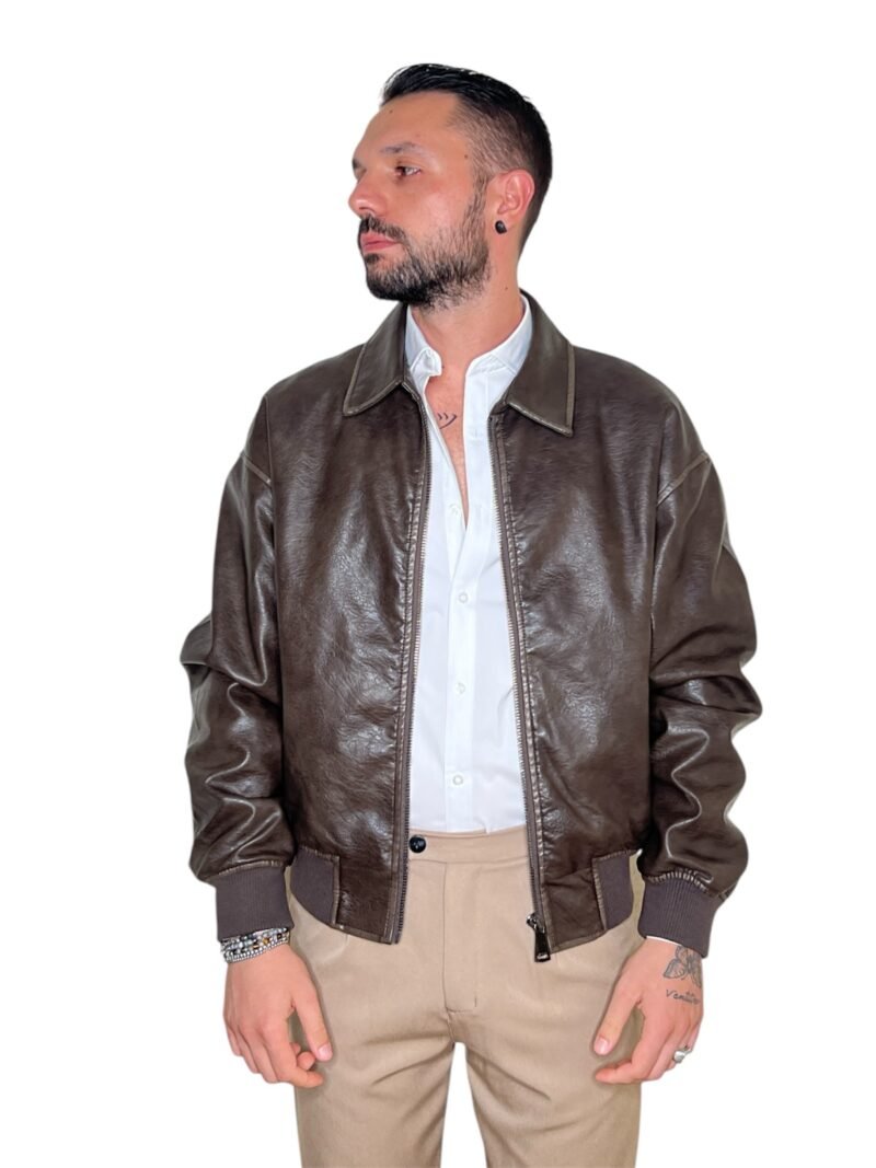 GIUBBOTTO UOMO ECOPELLE MARRONE - BOMBER CLASSICO CON FODERA - immagine 9