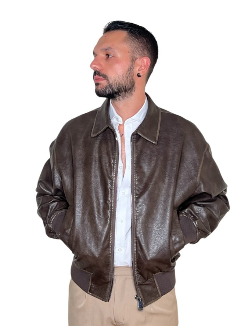 GIUBBOTTO UOMO ECOPELLE MARRONE - BOMBER CLASSICO CON FODERA - immagine 8