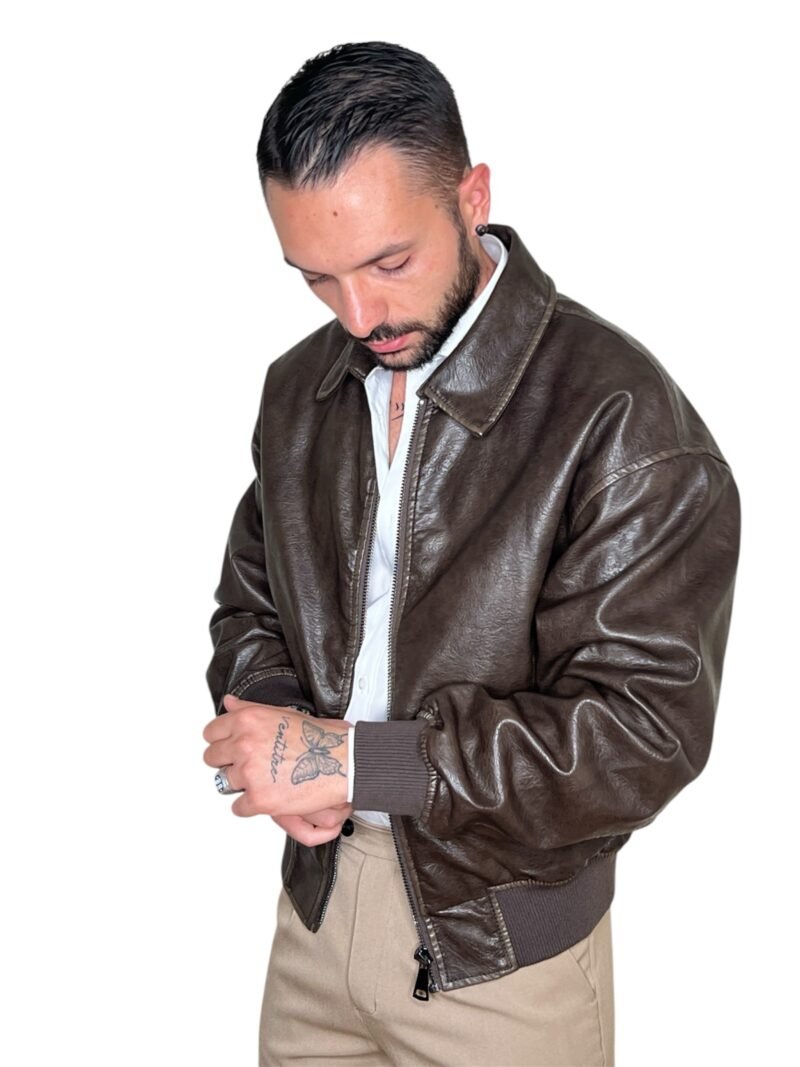 GIUBBOTTO UOMO ECOPELLE MARRONE - BOMBER CLASSICO CON FODERA - immagine 7