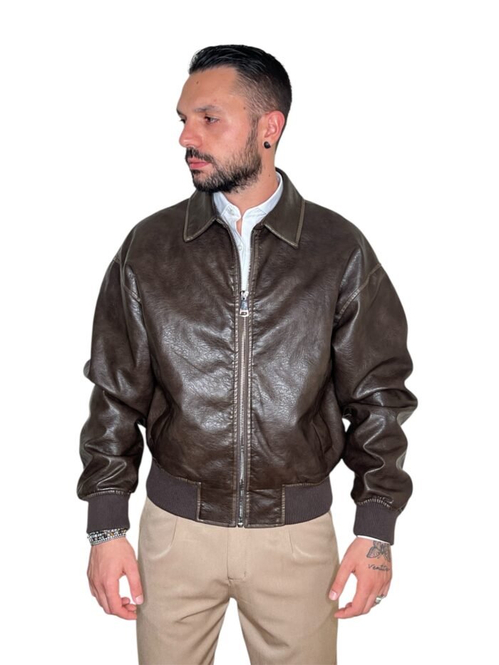 GIUBBOTTO UOMO ECOPELLE MARRONE - BOMBER CLASSICO CON FODERA