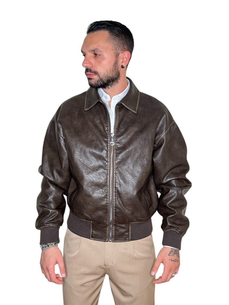 GIUBBOTTO UOMO ECOPELLE MARRONE - BOMBER CLASSICO CON FODERA
