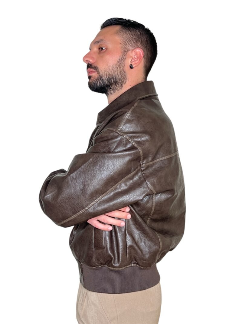 GIUBBOTTO UOMO ECOPELLE MARRONE - BOMBER CLASSICO CON FODERA - immagine 6