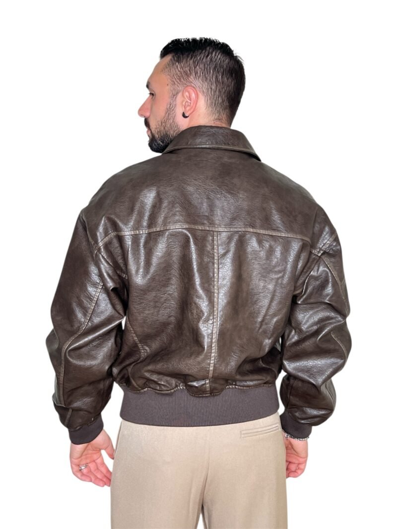 GIUBBOTTO UOMO ECOPELLE MARRONE - BOMBER CLASSICO CON FODERA - immagine 2