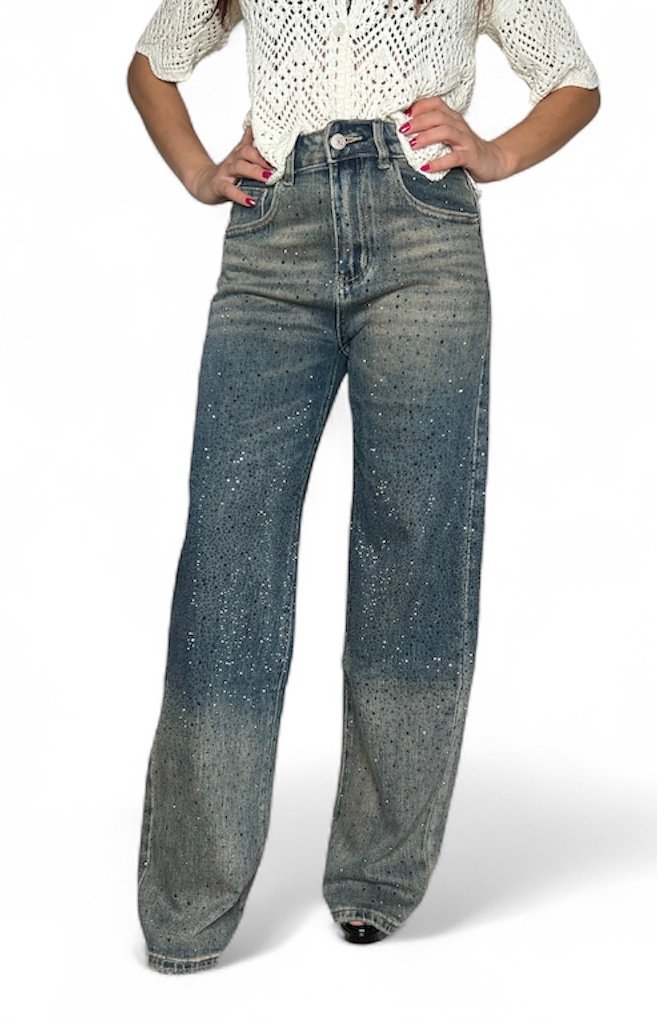 Jeans donna wide leg con strass effetto sfumato