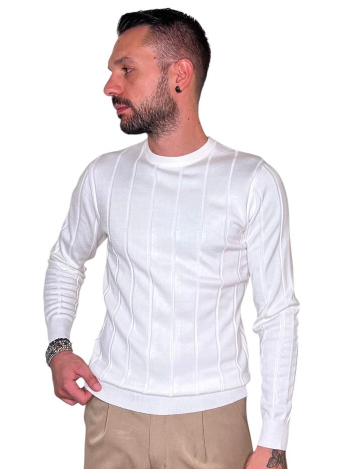 MAGLIONCINO GIROCOLLO BIANCO A COSTE VERTICALI