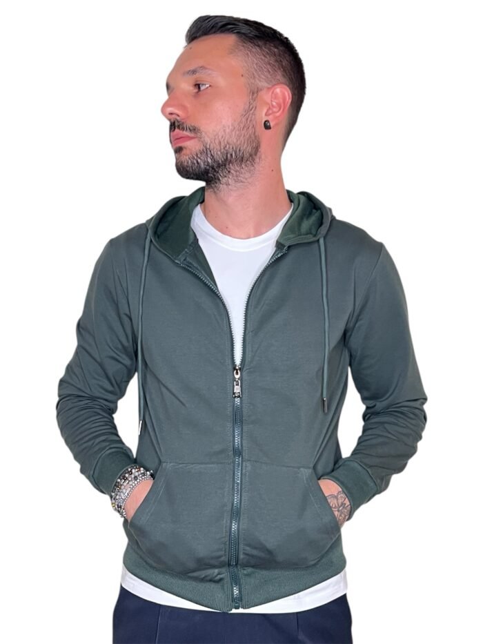 FELPA LEGGERA CON CAPPUCCIO E ZIP VERDE