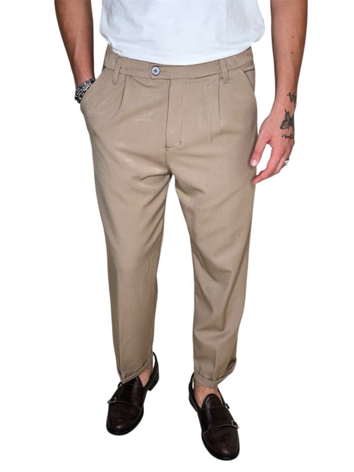 PANTALONE UOMO BEIGE ELEGANTE CON ELASTICO IN VITA