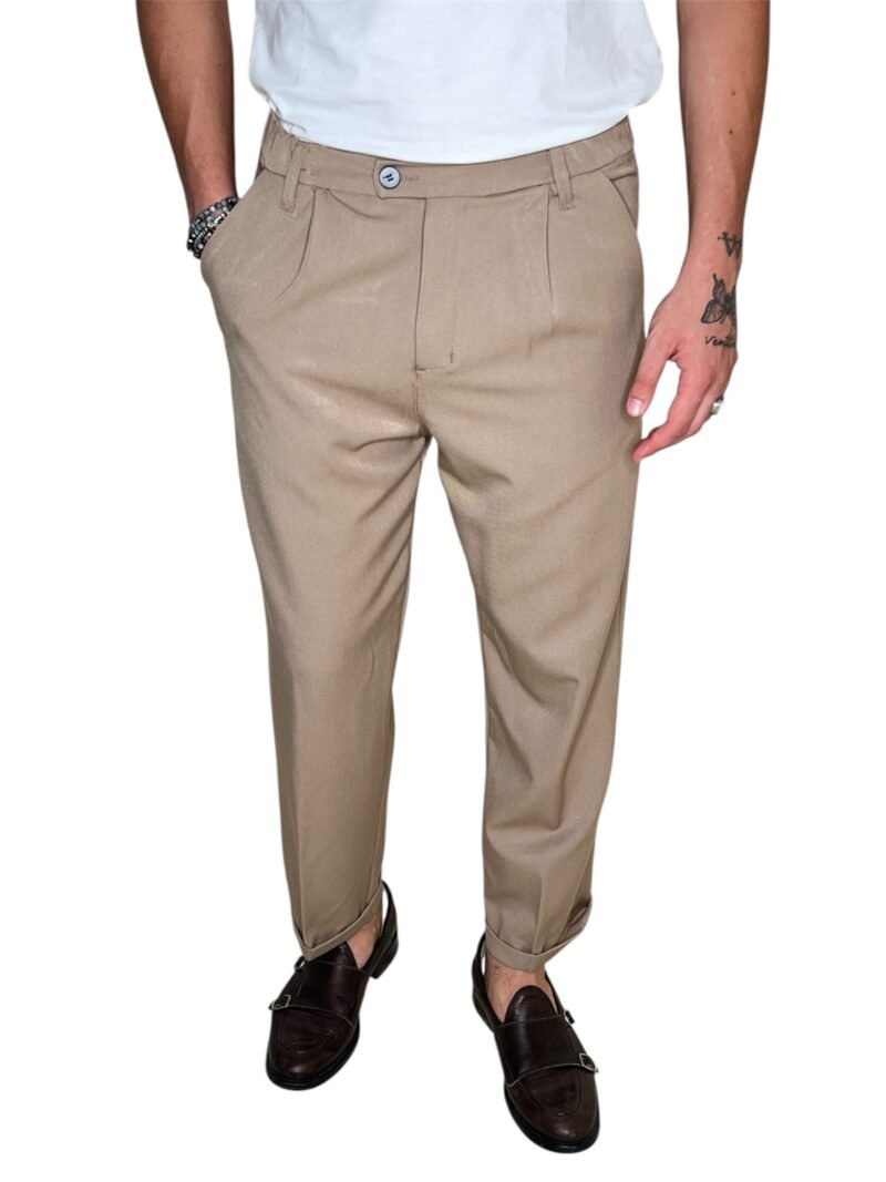 PANTALONE UOMO BEIGE ELEGANTE CON ELASTICO IN VITA