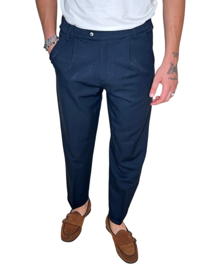 PANTALONE UOMO BLU ELEGANTE CON ELASTICO IN VITA