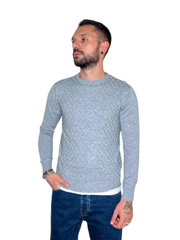MAGLIONE UOMO GRIGIO A FANTASIA GEOMETRICA-GIROCOLLO SLIM FIT