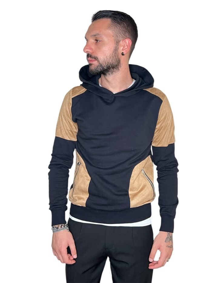 FELPA UOMO BICOLORE NERO CAMMELLO CAPPUCCIO E TASCHE ZIP