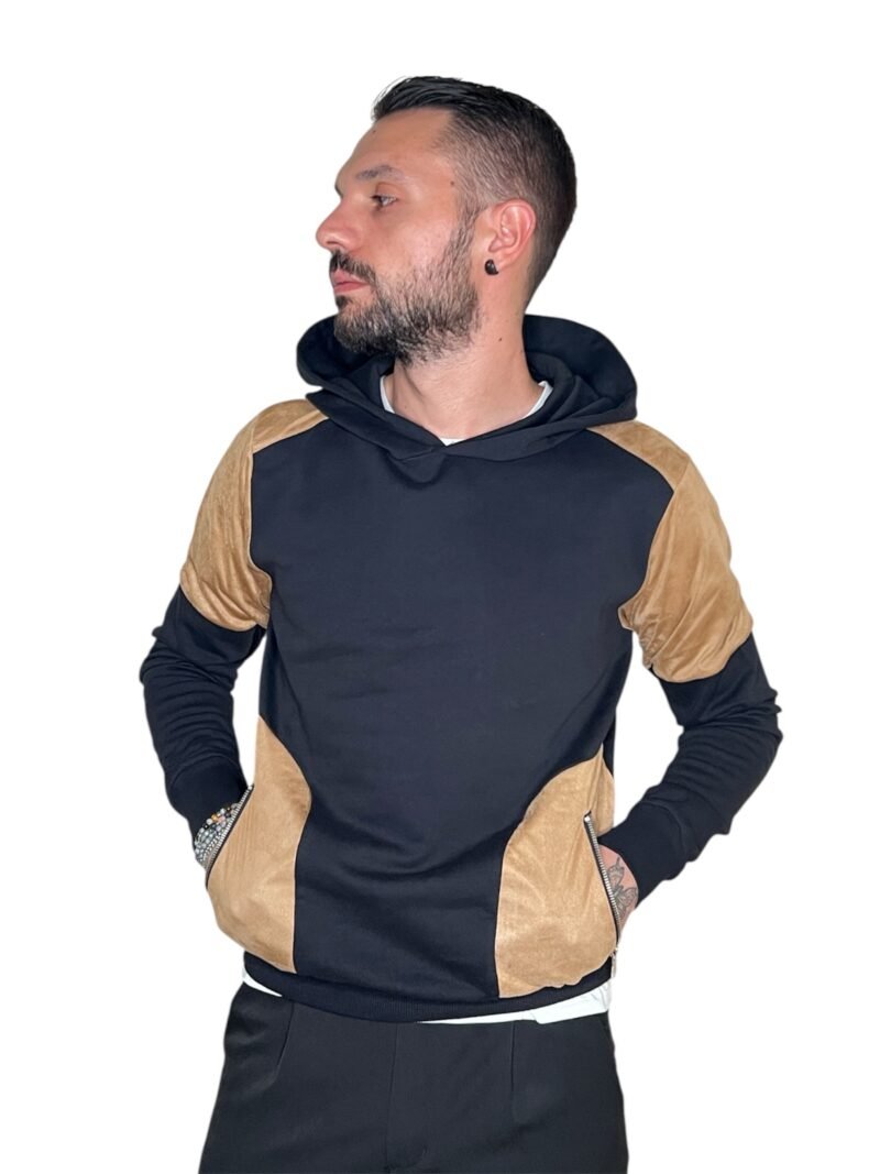 FELPA UOMO BICOLORE NERO CAMMELLO CAPPUCCIO E TASCHE ZIP - immagine 6