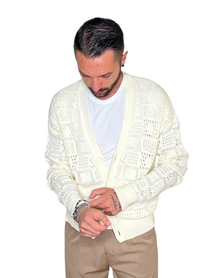 CARDIGAN UOMO IN MAGLIA TRAFORATA PANNA - immagine 6
