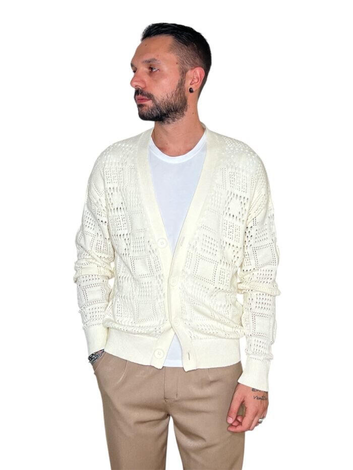 CARDIGAN UOMO IN MAGLIA TRAFORATA PANNA