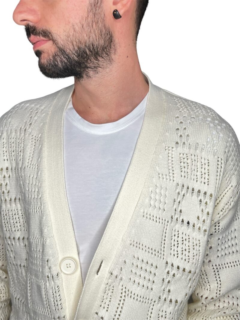CARDIGAN UOMO IN MAGLIA TRAFORATA PANNA - immagine 4