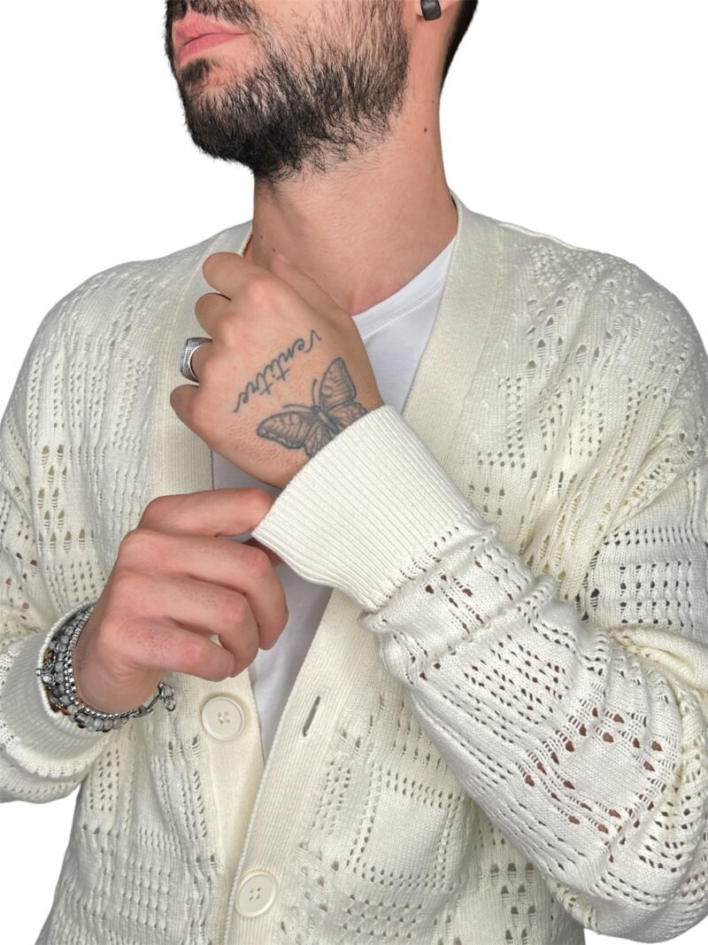 CARDIGAN UOMO IN MAGLIA TRAFORATA PANNA - immagine 3