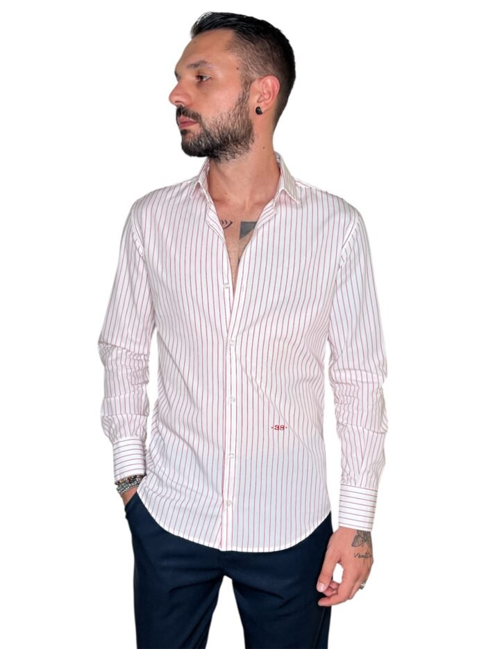 CAMICIA SARTORIALE UOMO SLIM FIT RIGHE ROSSE