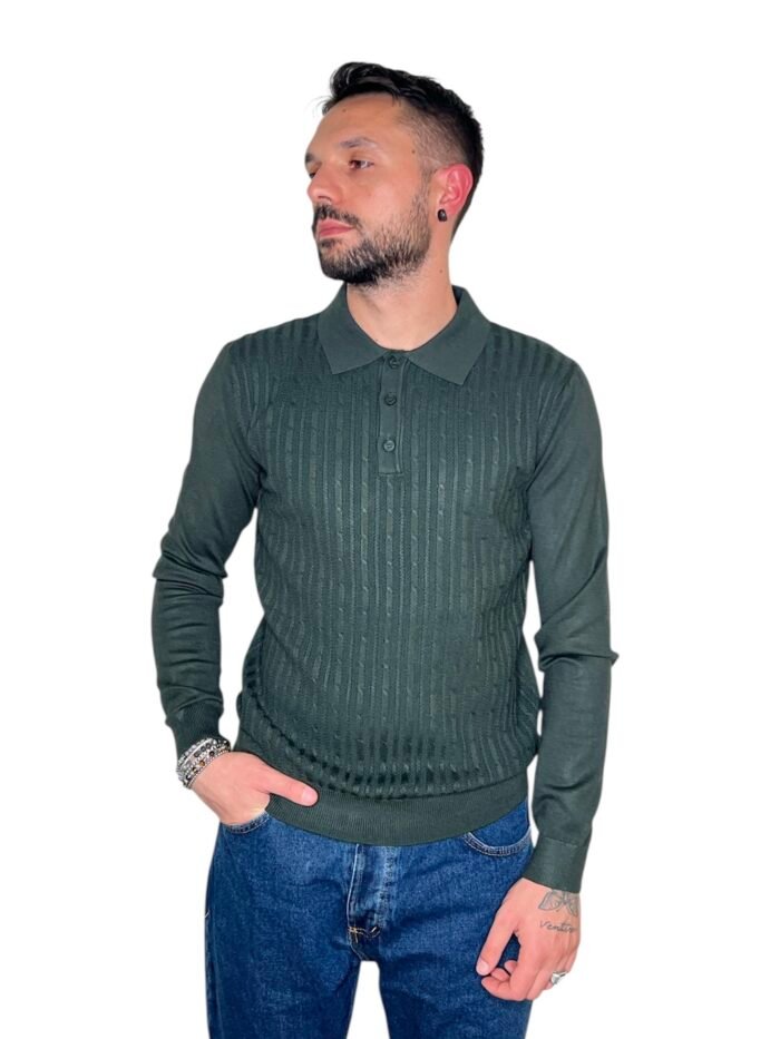 POLO UOMO MANICA LUNGA CON COLLETTO TRAMA STRUTTURATA VERDE