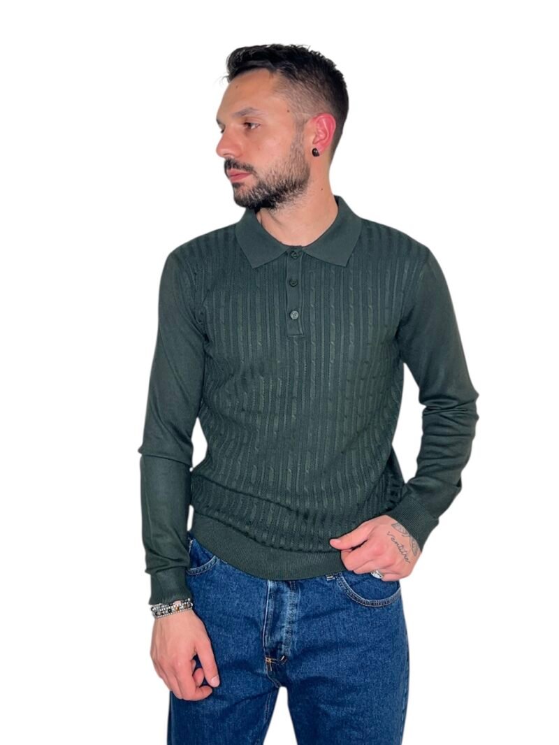 POLO UOMO MANICA LUNGA CON COLLETTO TRAMA STRUTTURATA VERDE - immagine 3