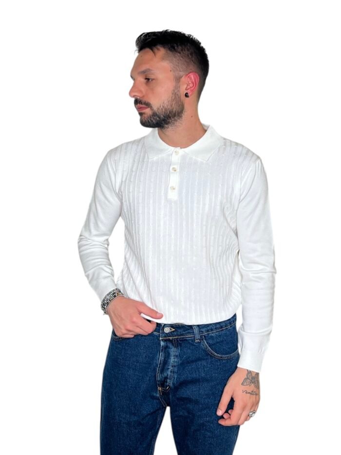 POLO UOMO MANICA LUNGA CON COLLETTO TRAMA STRUTTURATA BIANCO