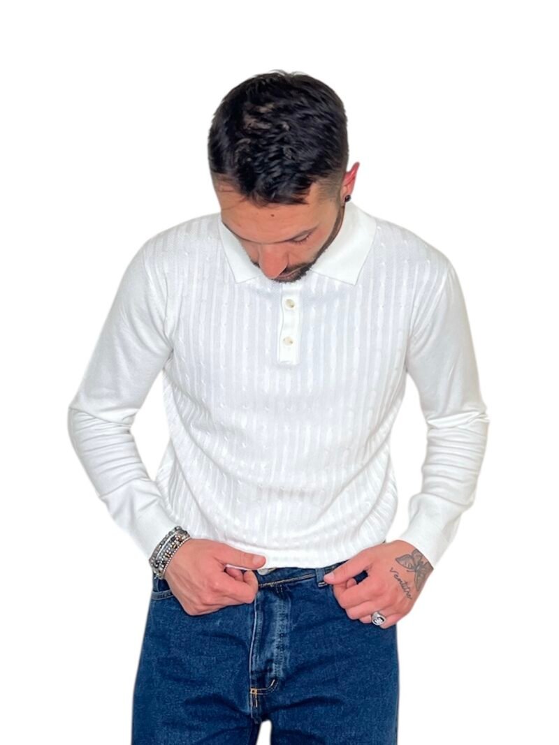 POLO UOMO MANICA LUNGA CON COLLETTO TRAMA STRUTTURATA BIANCO - immagine 4