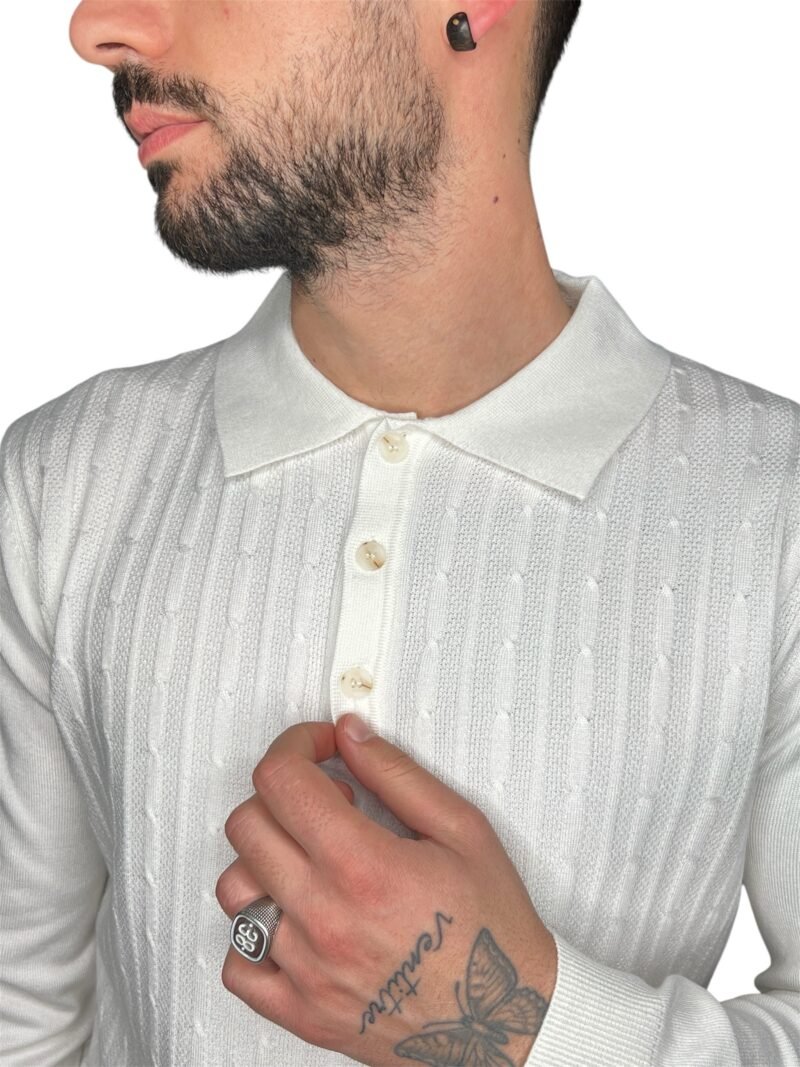 POLO UOMO MANICA LUNGA CON COLLETTO TRAMA STRUTTURATA BIANCO - immagine 3