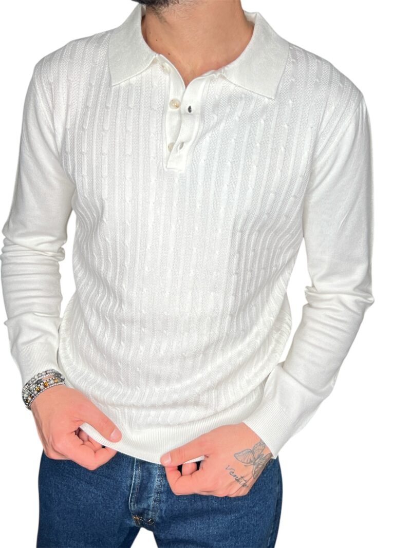 POLO UOMO MANICA LUNGA CON COLLETTO TRAMA STRUTTURATA BIANCO - immagine 2