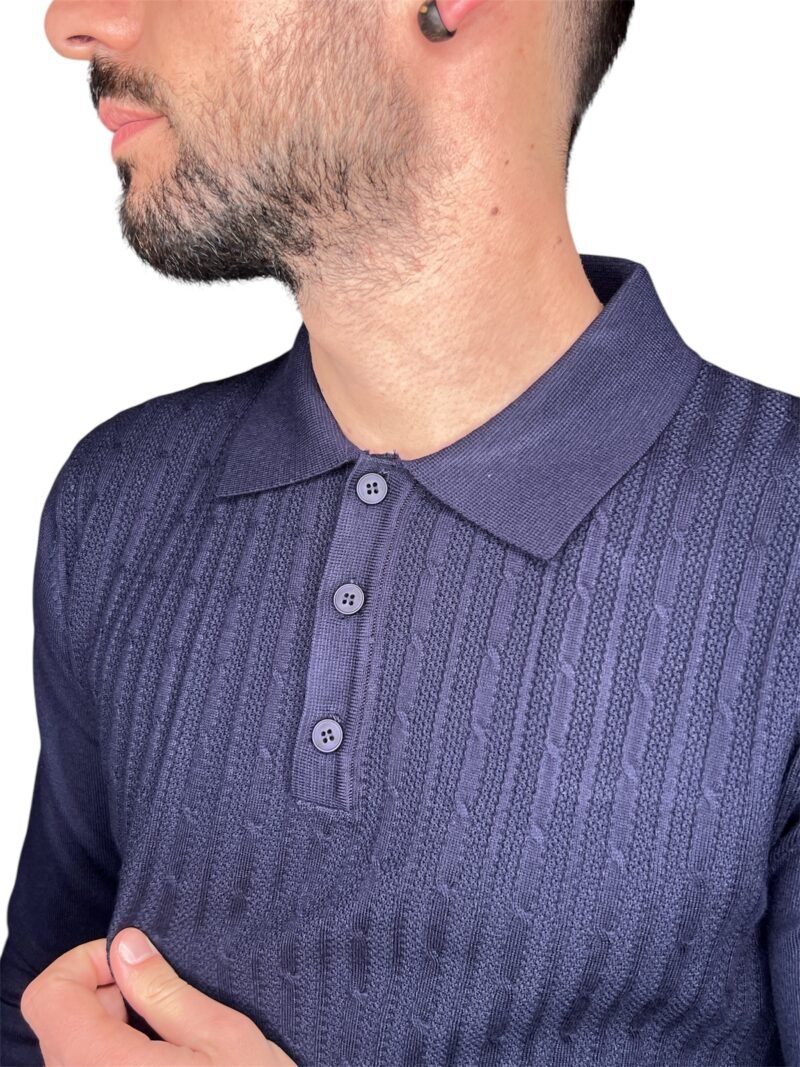 POLO UOMO MANICA LUNGA CON COLLETTO TRAMA STRUTTURATA BLU - immagine 3